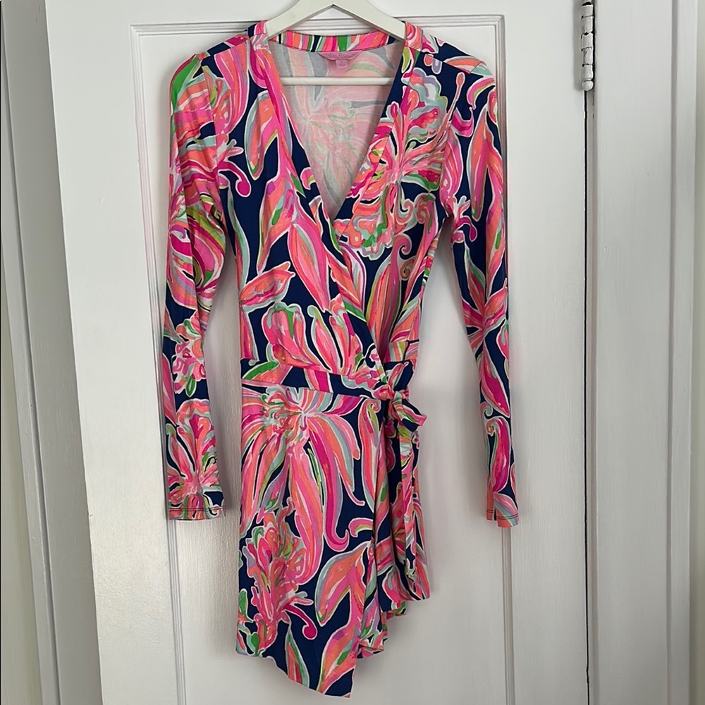 Lilly Pulitzer Pink and Green Jumpsuit with V-Neck Wrap Design